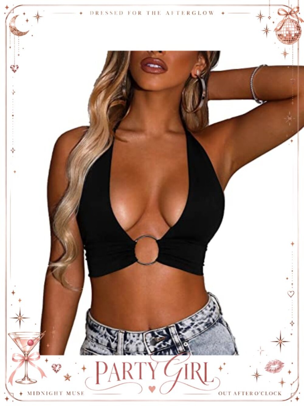 Women's Sexy Sleeveless Plunging V-Neck Ring Crop Top Y2K Club Party Top
